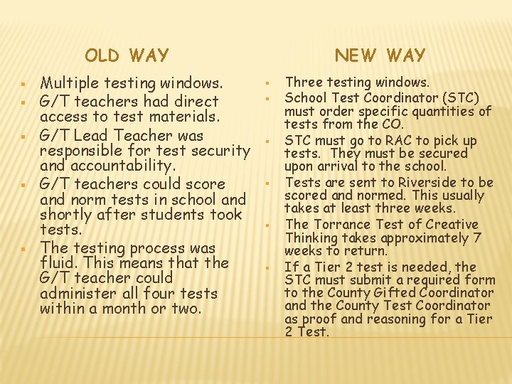 OLD WAY § § § Multiple testing windows. G/T teachers had direct access to