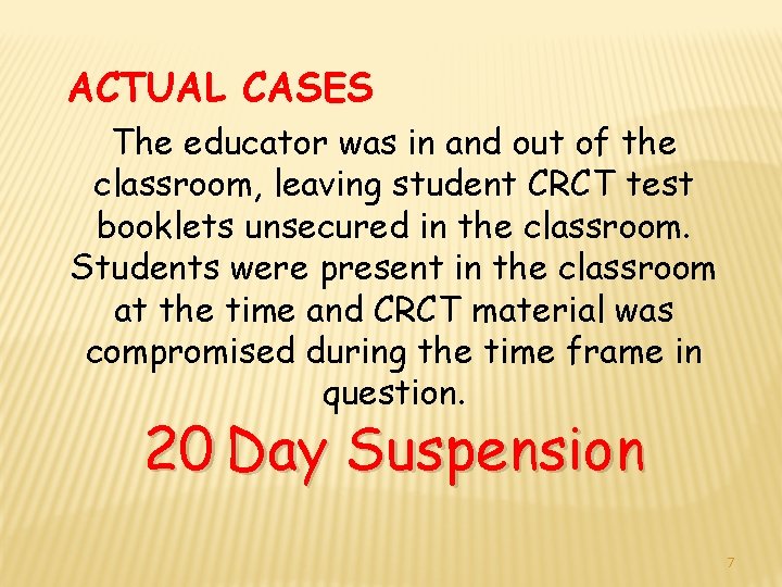 ACTUAL CASES The educator was in and out of the classroom, leaving student CRCT