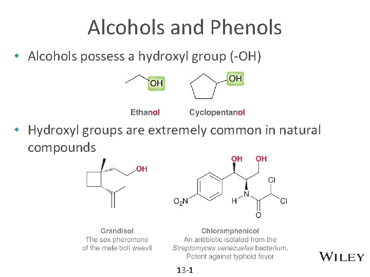 Alcohols and Phenols • Alcohols possess a hydroxyl group (-OH) • Hydroxyl groups are