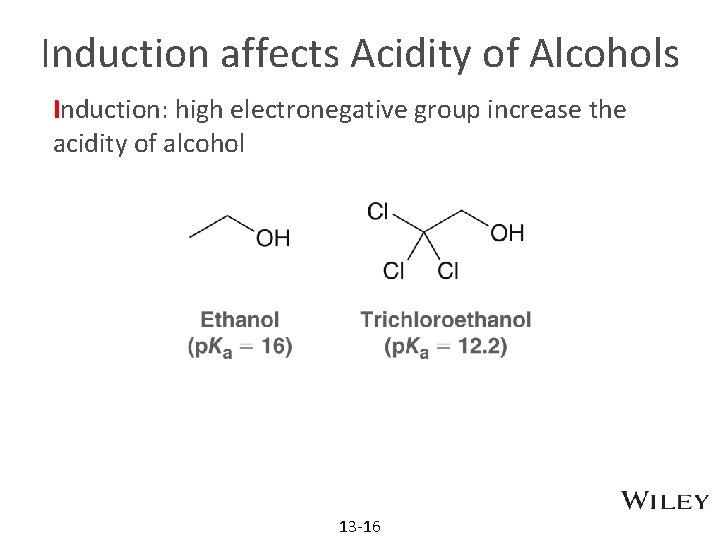 Induction affects Acidity of Alcohols Induction: high electronegative group increase the acidity of alcohol