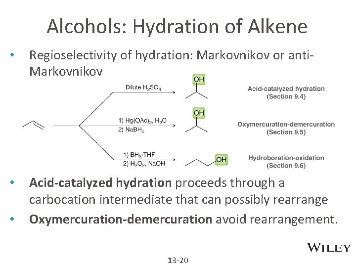 Alcohols: Hydration of Alkene • Regioselectivity of hydration: Markovnikov or anti. Markovnikov • Acid-catalyzed