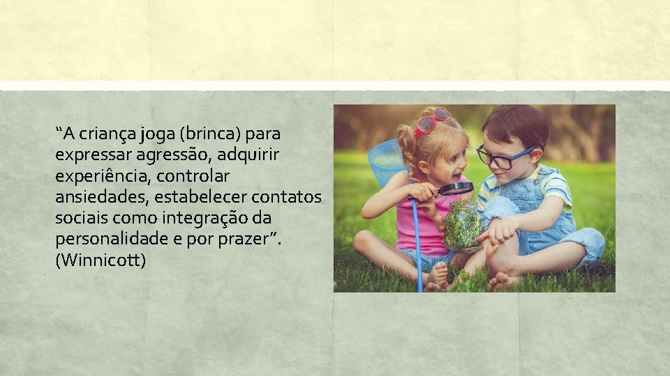 Winnicott “A criança joga (brinca) para expressar agressão, adquirir experiência, controlar ansiedades, estabelecer contatos