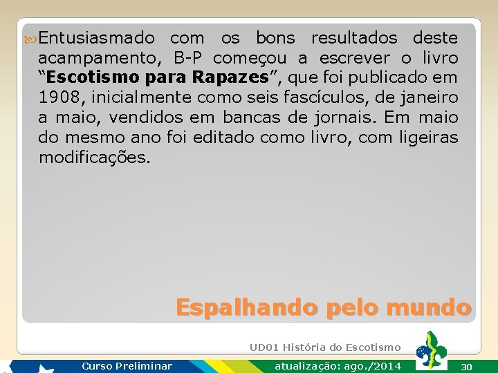  Entusiasmado com os bons resultados deste acampamento, B-P começou a escrever o livro