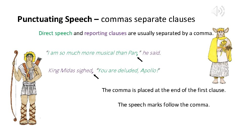 Punctuating Speech – commas separate clauses Direct speech and reporting clauses are usually separated