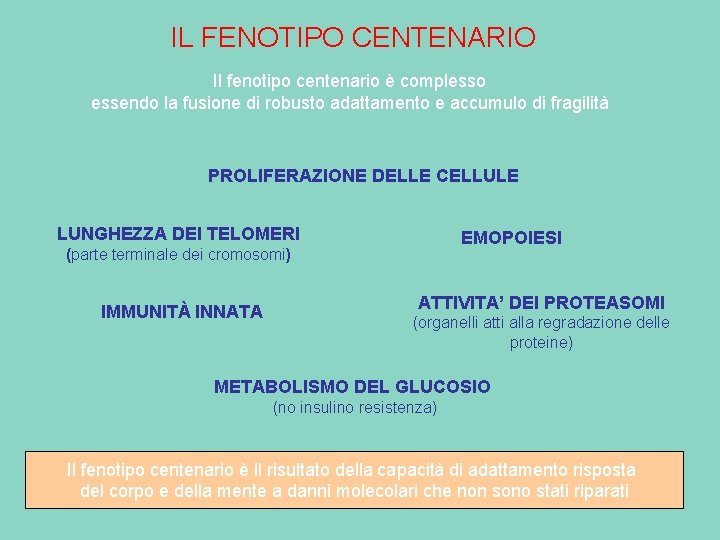 IL FENOTIPO CENTENARIO Il fenotipo centenario è complesso essendo la fusione di robusto adattamento IL FENOTIPO CENTENARIO Il fenotipo centenario è complesso essendo la fusione di robusto adattamento