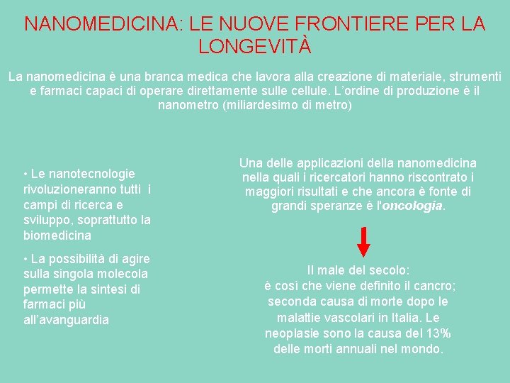 NANOMEDICINA: LE NUOVE FRONTIERE PER LA LONGEVITÀ La nanomedicina è una branca medica che