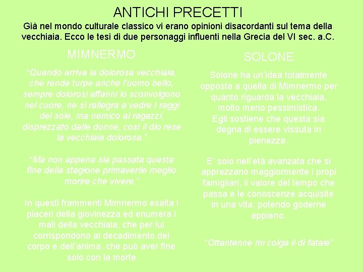 ANTICHI PRECETTI Già nel mondo culturale classico vi erano opinioni disacordanti sul tema della