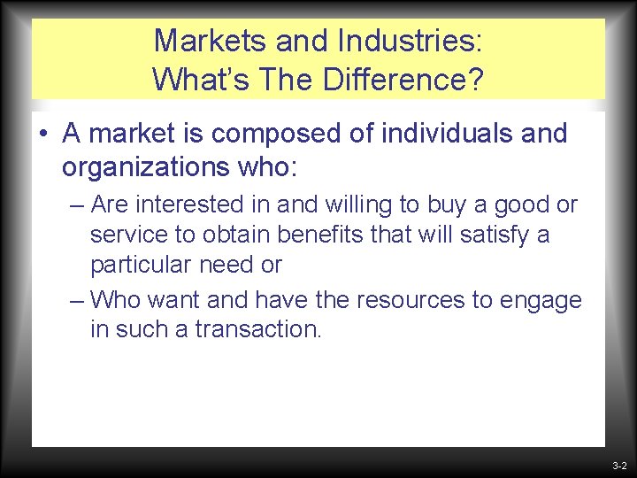 Markets and Industries: What’s The Difference? • A market is composed of individuals and Markets and Industries: What’s The Difference? • A market is composed of individuals and