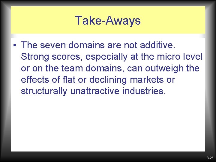 Take-Aways • The seven domains are not additive. Strong scores, especially at the micro Take-Aways • The seven domains are not additive. Strong scores, especially at the micro