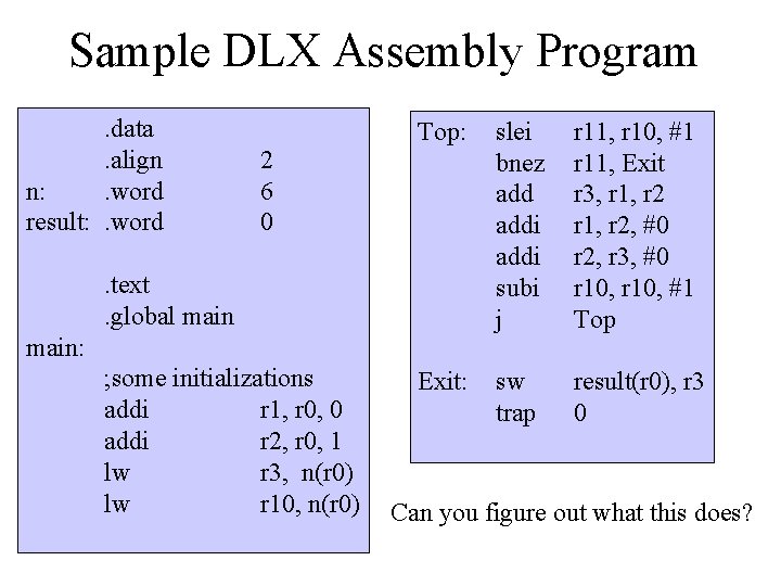 Sample DLX Assembly Program. data. align n: . word result: . word 2 6