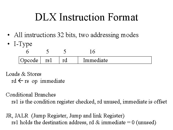 DLX Instruction Format • All instructions 32 bits, two addressing modes • I-Type 6