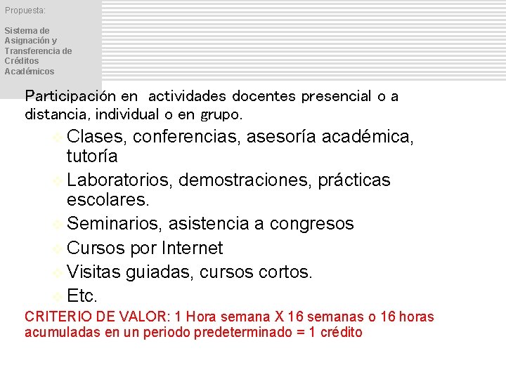 Propuesta: Sistema de Asignación y Transferencia de Créditos Académicos Participación en actividades docentes presencial