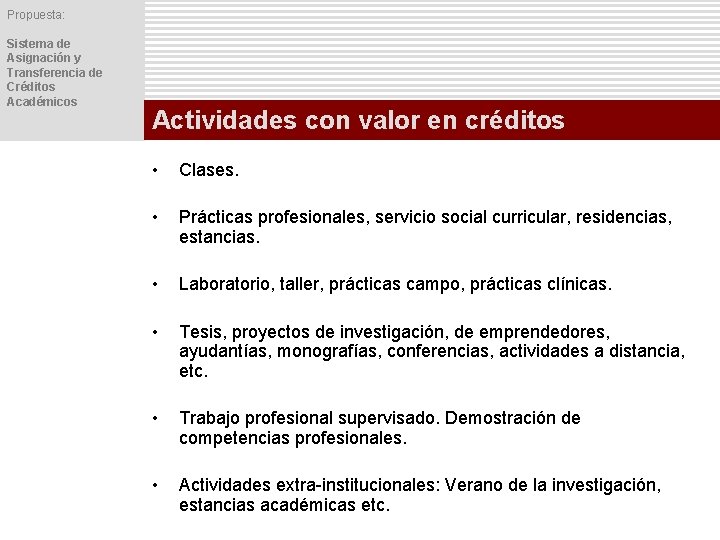 Propuesta: Sistema de Asignación y Transferencia de Créditos Académicos Actividades con valor en créditos