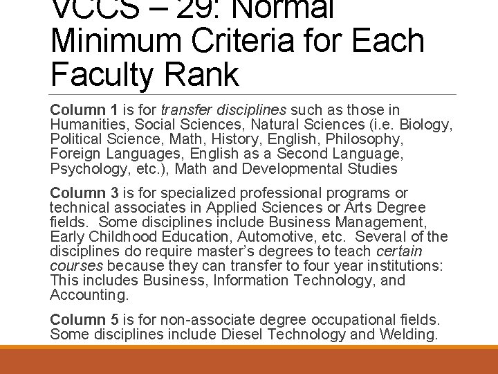 VCCS – 29: Normal Minimum Criteria for Each Faculty Rank Column 1 is for