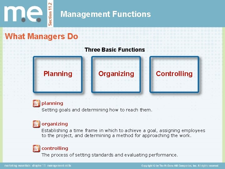 Section 11. 2 Management Functions What Managers Do Three Basic Functions Planning Organizing Controlling Section 11. 2 Management Functions What Managers Do Three Basic Functions Planning Organizing Controlling