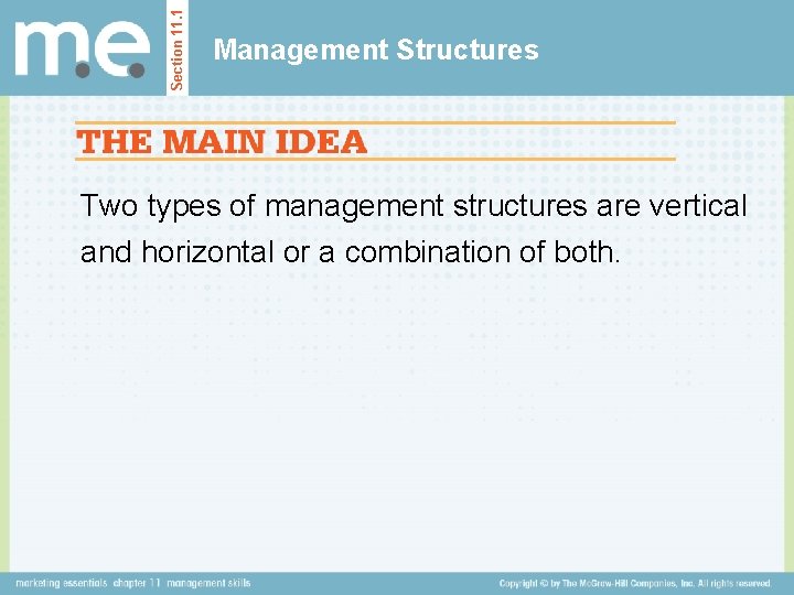 Section 11. 1 Management Structures Two types of management structures are vertical and horizontal Section 11. 1 Management Structures Two types of management structures are vertical and horizontal