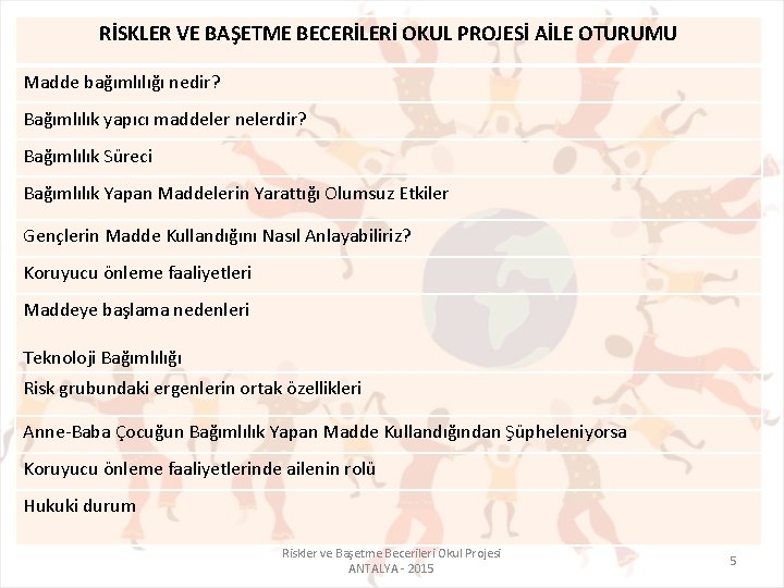 RİSKLER VE BAŞETME BECERİLERİ OKUL PROJESİ AİLE OTURUMU Madde bağımlılığı nedir? Bağımlılık yapıcı maddeler