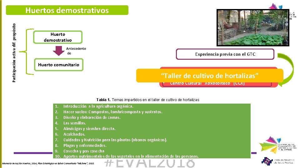 Participación activa dif. propósito Huertos demostrativos Huerto demostrativo Antecedente de Experiencia previa con el