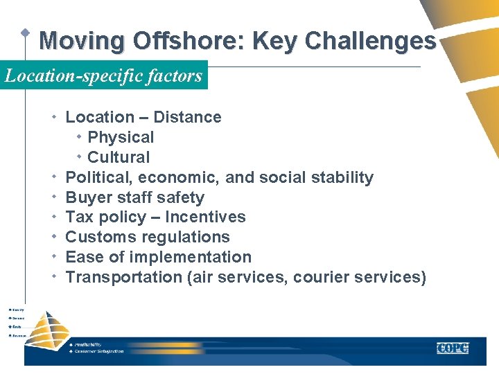 Moving Offshore: Key Challenges Location-specific factors Location – Distance Physical Cultural Political, economic, and