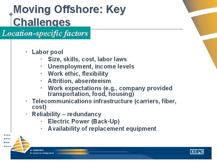 Moving Offshore: Key Challenges Location-specific factors Labor pool Size, skills, cost, labor laws Unemployment,