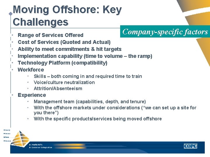 Moving Offshore: Key Challenges Company-specific factors Company-specific Range of Services Offered Cost of Services