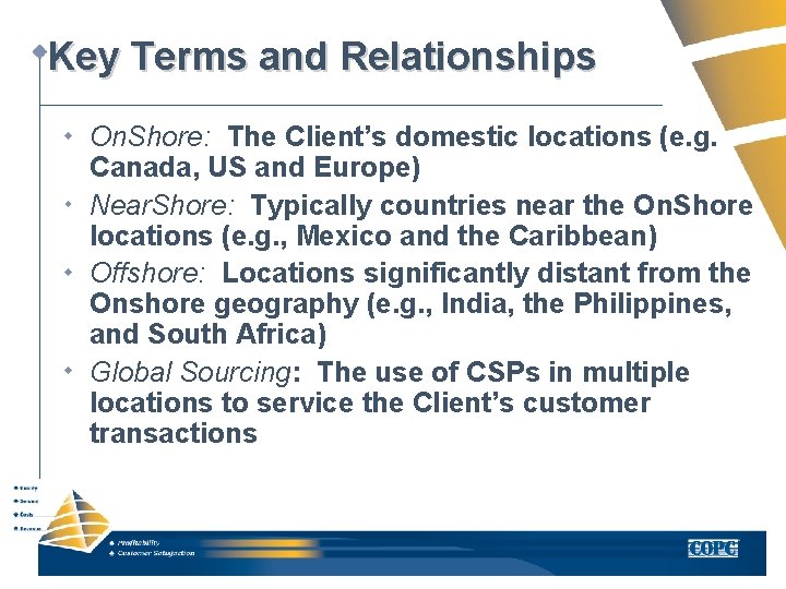 Key Terms and Relationships On. Shore: The Client’s domestic locations (e. g. Canada, US