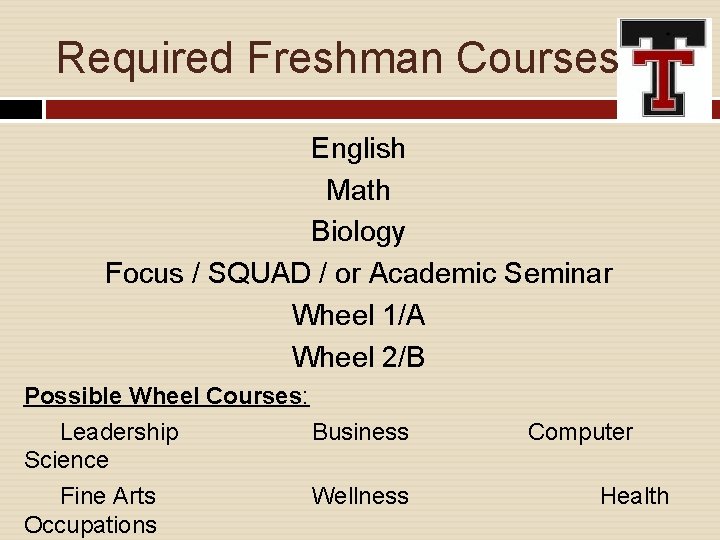 Required Freshman Courses English Math Biology Focus / SQUAD / or Academic Seminar Wheel