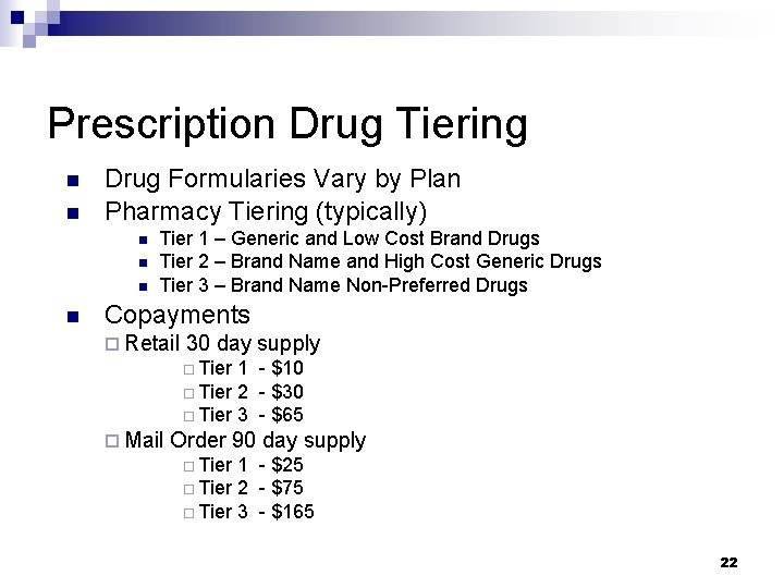 Prescription Drug Tiering n n Drug Formularies Vary by Plan Pharmacy Tiering (typically) n