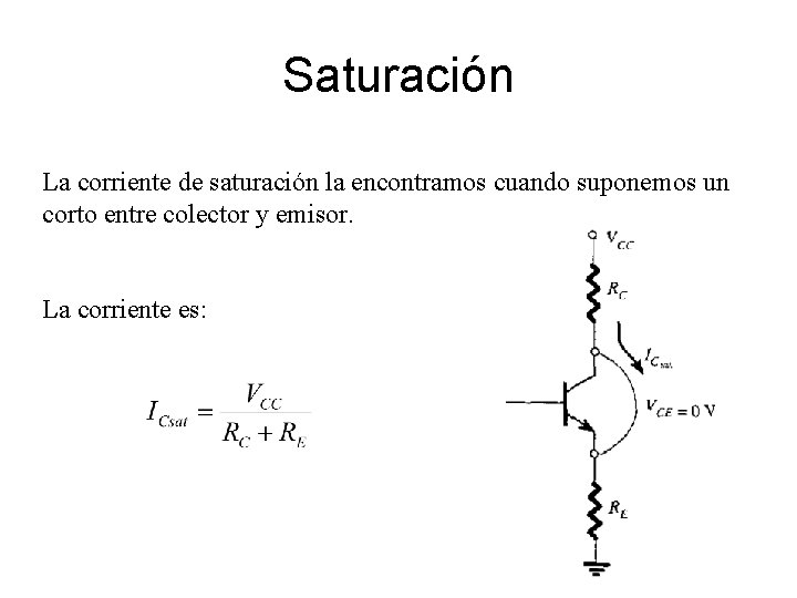 Saturación La corriente de saturación la encontramos cuando suponemos un corto entre colector y Saturación La corriente de saturación la encontramos cuando suponemos un corto entre colector y