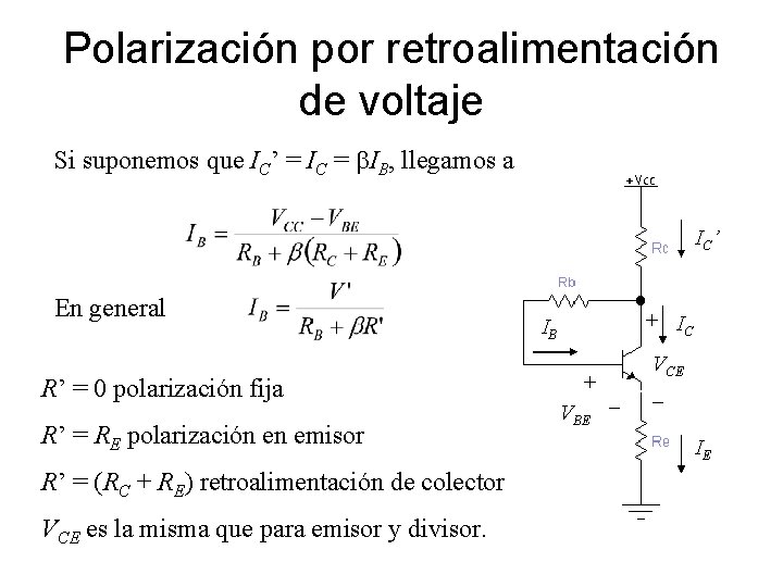 Polarización por retroalimentación de voltaje Si suponemos que IC’ = IC = b. IB, Polarización por retroalimentación de voltaje Si suponemos que IC’ = IC = b. IB,