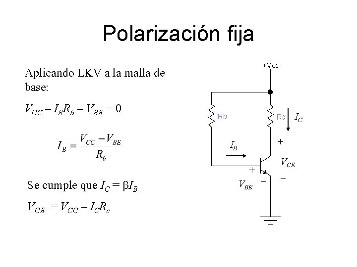 Polarización fija Aplicando LKV a la malla de base: VCC – IBRb – VBE Polarización fija Aplicando LKV a la malla de base: VCC – IBRb – VBE