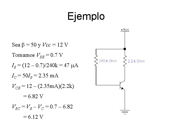 Ejemplo Sea b = 50 y Vcc = 12 V Tomamos VBE = 0. Ejemplo Sea b = 50 y Vcc = 12 V Tomamos VBE = 0.