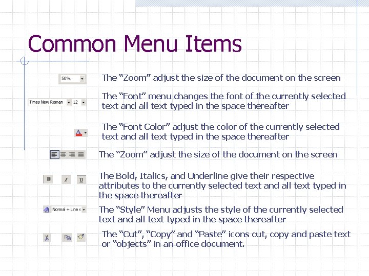 Common Menu Items The “Zoom” adjust the size of the document on the screen