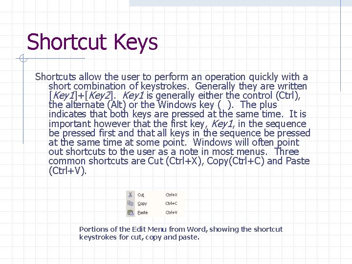 Shortcut Keys Shortcuts allow the user to perform an operation quickly with a short