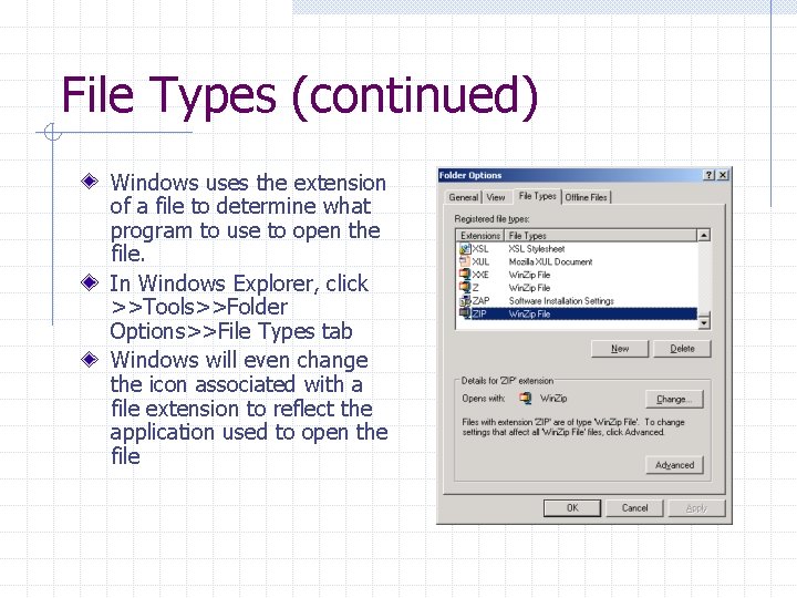 File Types (continued) Windows uses the extension of a file to determine what program