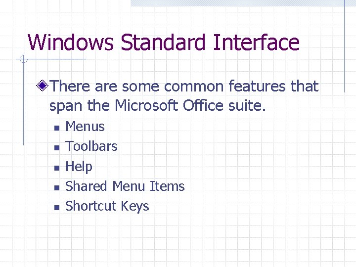 Windows Standard Interface There are some common features that span the Microsoft Office suite.