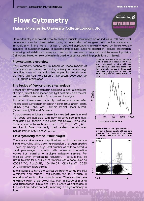 FLOW CYTOMETRY CATEGORY: EXPERIMENTAL TECHNIQUES Flow Cytometry Halima Moncrieffe, University College London, UK CFSE