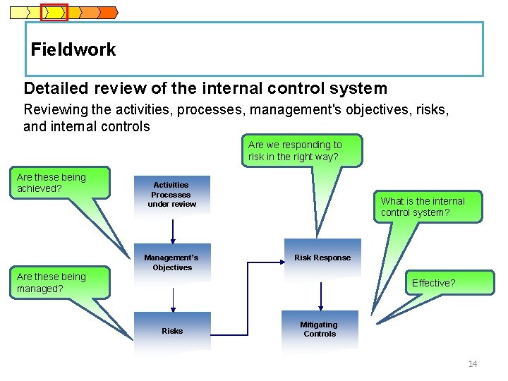 Fieldwork Detailed review of the internal control system Reviewing the activities, processes, management's objectives,