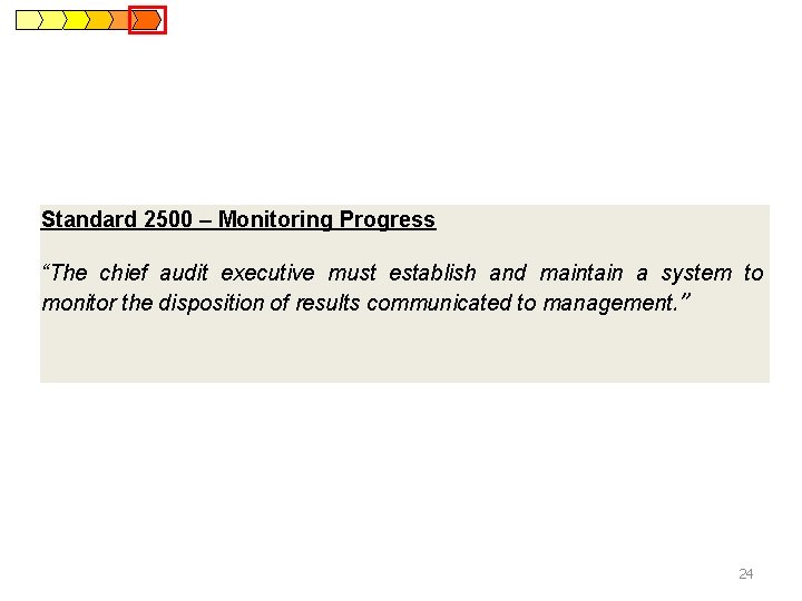 Standard 2500 – Monitoring Progress “The chief audit executive must establish and maintain a