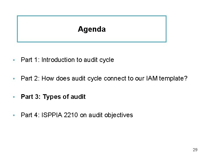 Agenda • Part 1: Introduction to audit cycle • Part 2: How does audit