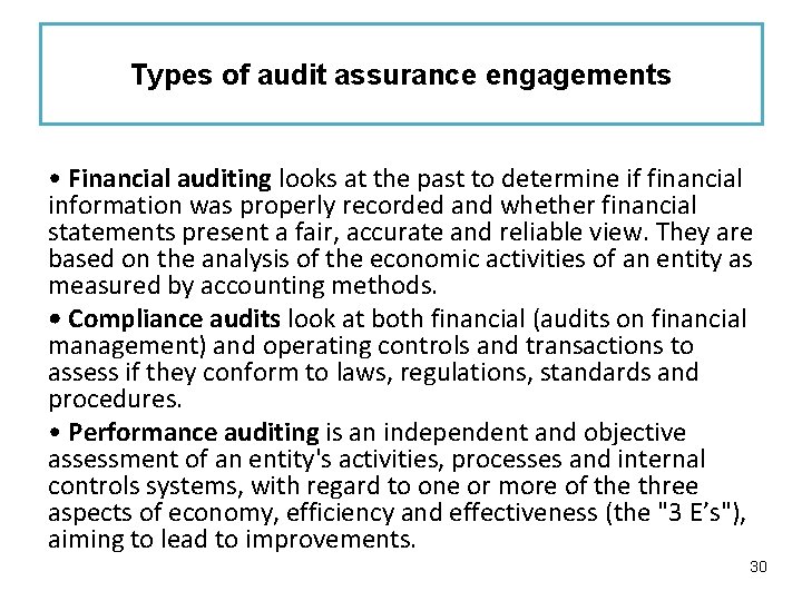 Types of audit assurance engagements • Financial auditing looks at the past to determine
