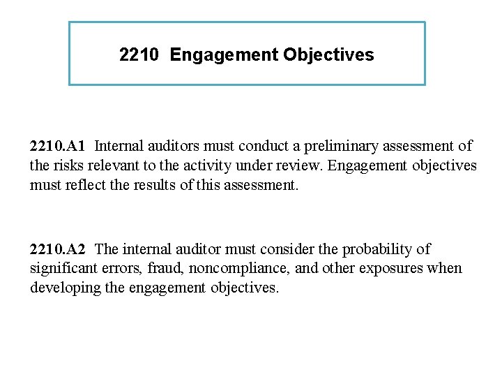 2210 Engagement Objectives 2210. A 1 Internal auditors must conduct a preliminary assessment of