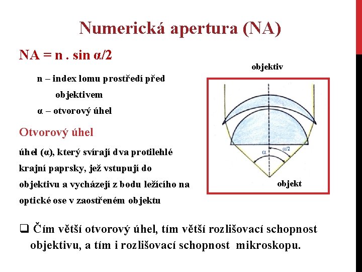 Numerická apertura (NA) NA = n. sin α/2 objektiv n – index lomu prostředí