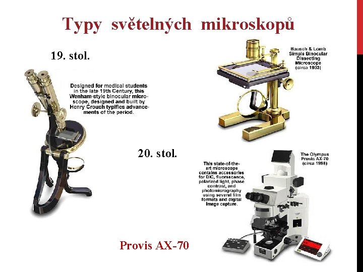 Typy světelných mikroskopů 19. stol. 20. stol. Provis AX-70 