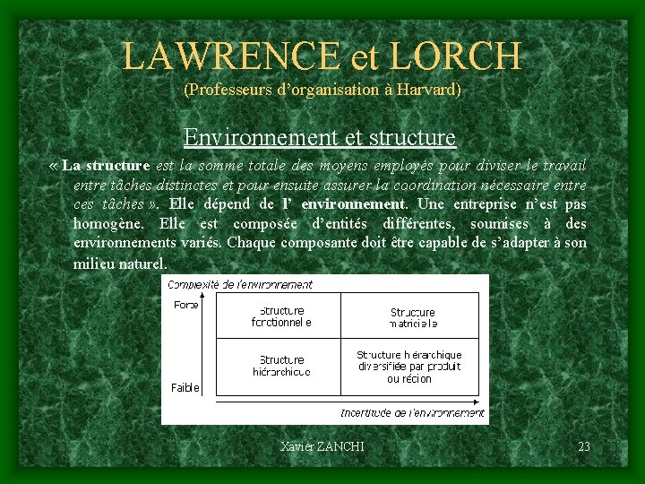 LAWRENCE et LORCH (Professeurs d’organisation à Harvard) Environnement et structure « La structure est