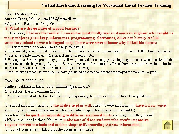 Virtual Electronic Learning for Vocational Initial Teacher Training Date: 02 -24 -2005 22: 17