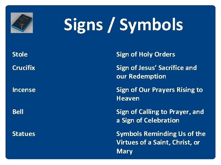 Signs / Symbols Stole Sign of Holy Orders Crucifix Sign of Jesus’ Sacrifice and