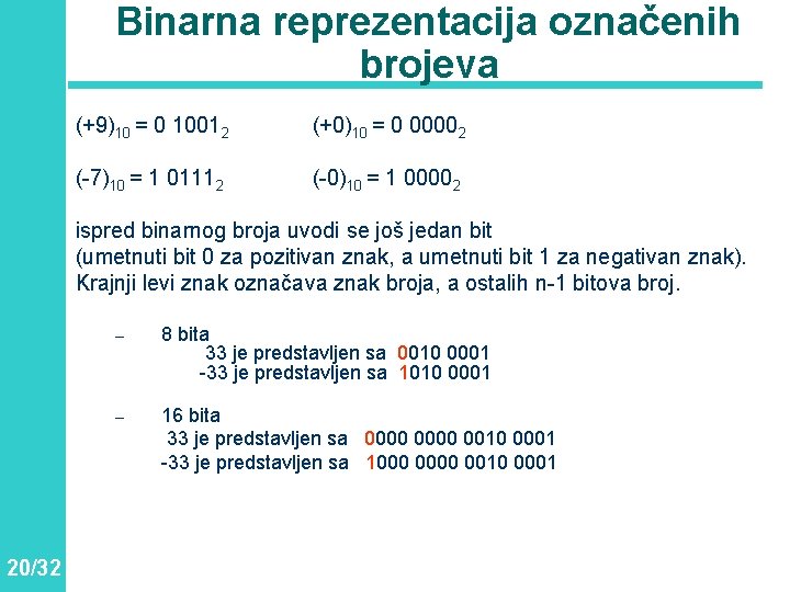 Binarna reprezentacija označenih brojeva (+9)10 = 0 10012 (+0)10 = 0 00002 (-7)10 =