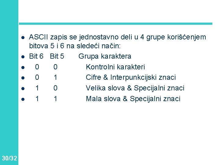 l l l 30/32 ASCII zapis se jednostavno deli u 4 grupe korišćenjem bitova