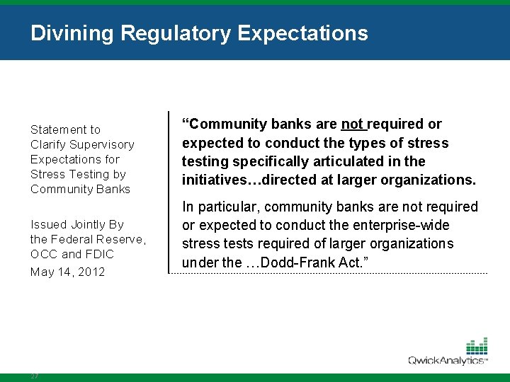Divining Regulatory Expectations Statement to Clarify Supervisory Expectations for Stress Testing by Community Banks